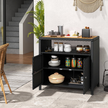 Rattan Storage Cabinet with Acacia Wood Countertop for Poolside Deck and Patio