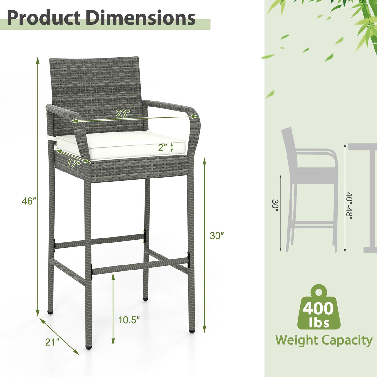Patio Wicker Barstools with Armrests and Soft Cushions for Porch Backyard Set of 2
