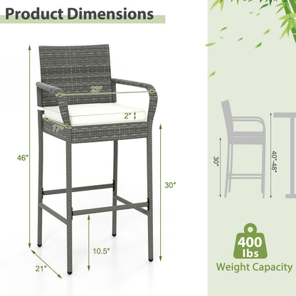 Patio Wicker Barstools with Armrests and Soft Cushions for Porch Backyard Set of 2