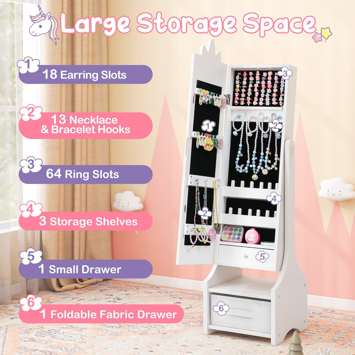 Kids Princess Vanity Table and Stool Set with Jewelry Cabinet and Mirror Drawer