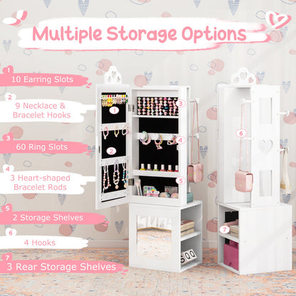 Princess Vanity Table and Stool Set Freestanding Jewelry Cabinet Armoire with Full-Length Mirror-White