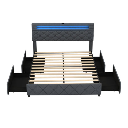 Full/Queen Size Bed Frame with Adjustable Storage Headboard and Wooden Slat Support