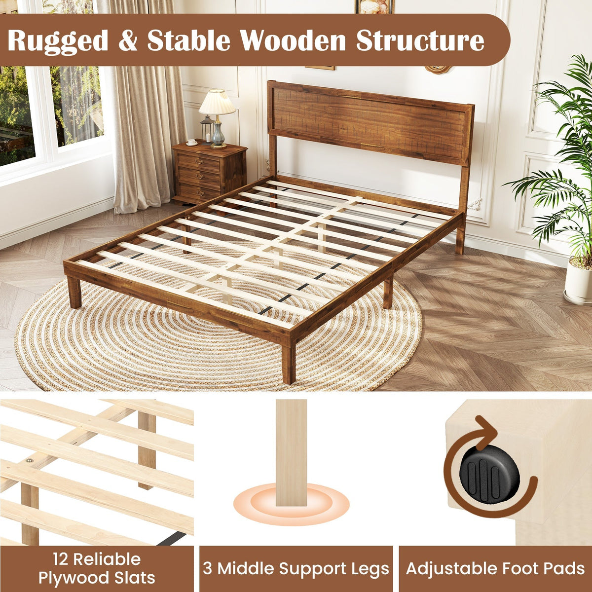 Twin/Full/Queen Size Bed Frame with Headboard and Wooden Slats Support