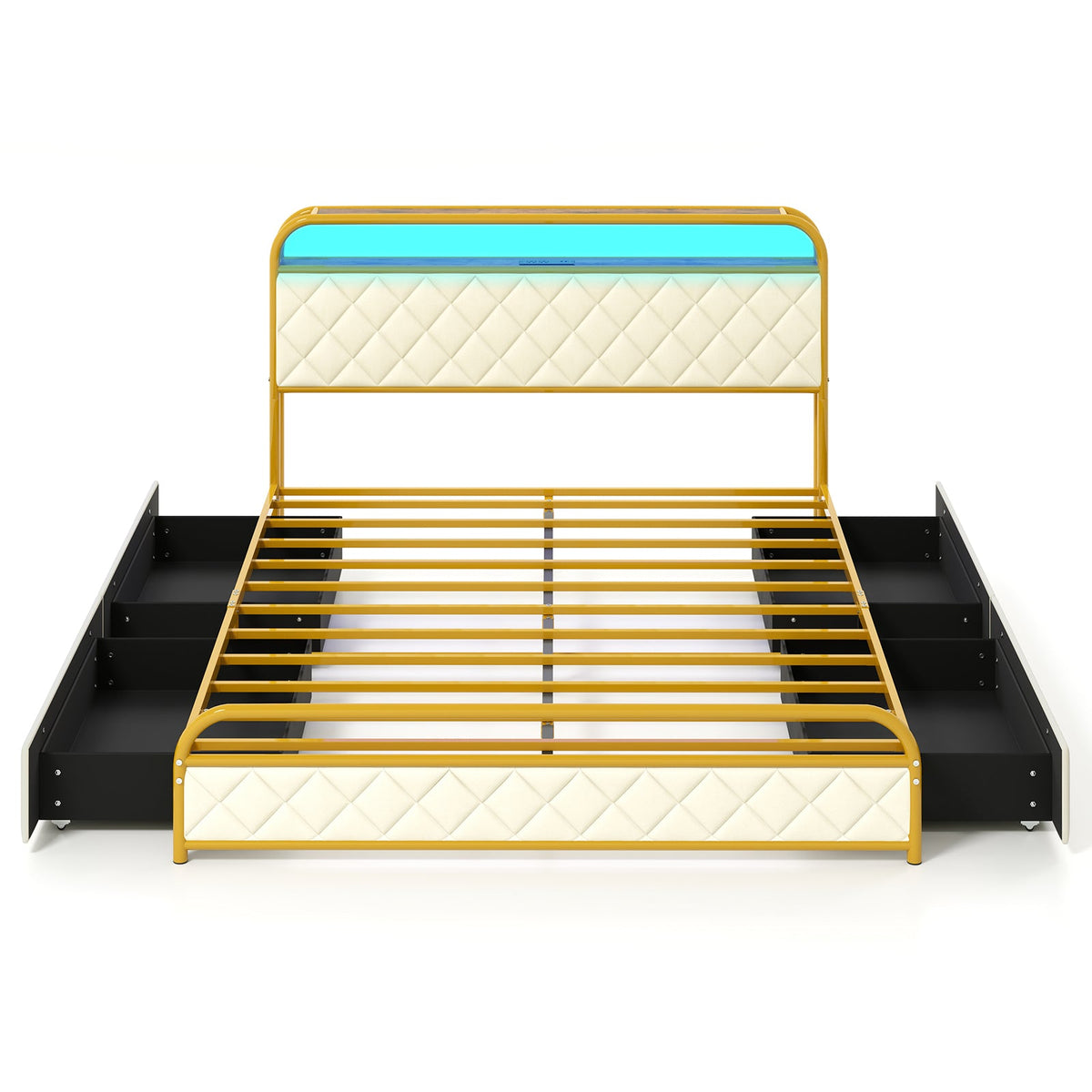 Twin/Full/Queen Size Bed Frame with LED Lights and Charging Station Gold