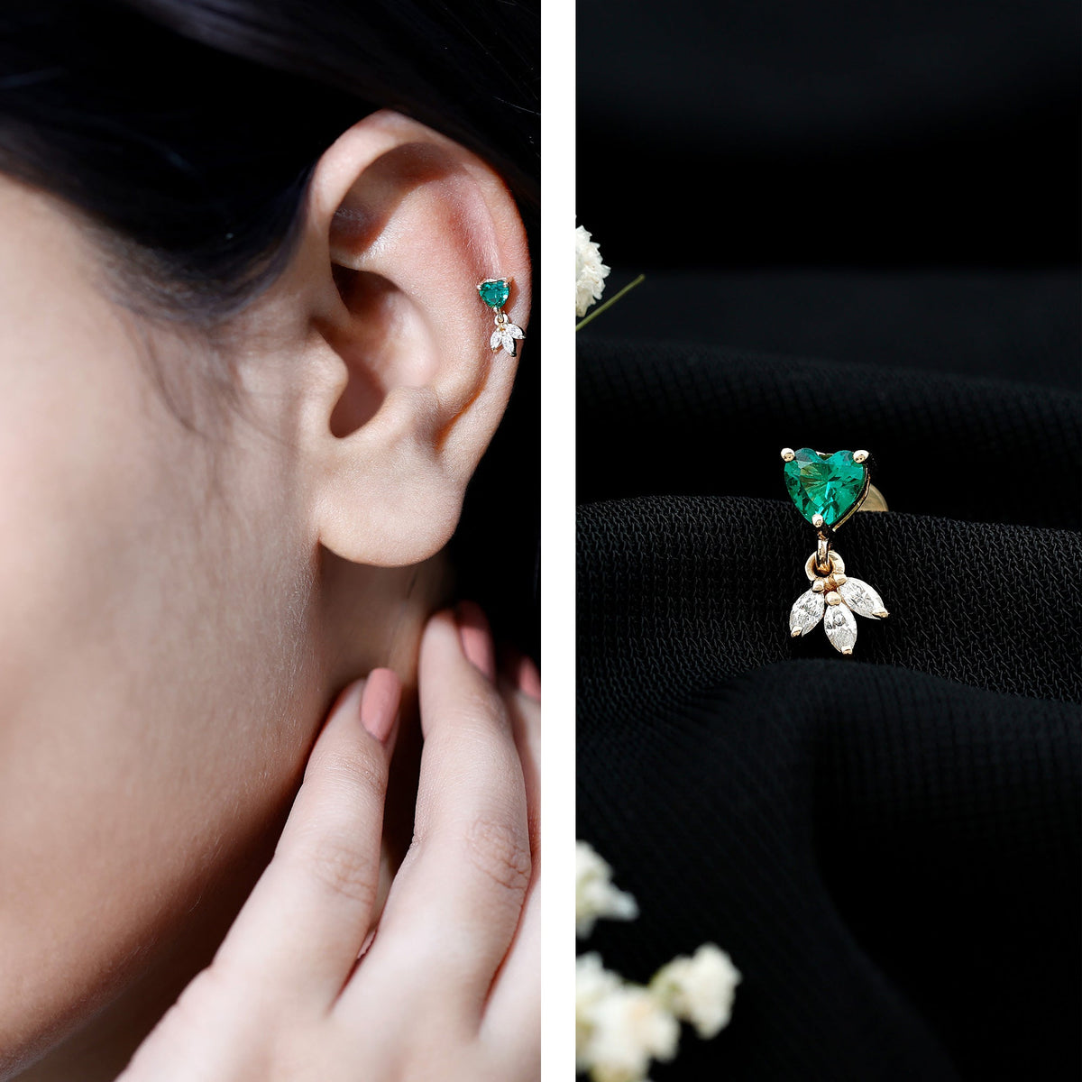 Heart Shape Lab Created Emerald and Diamond Helix Drop Earring