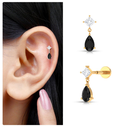 Pear Shape Black Onyx and Diamond Dangling Helix Earring