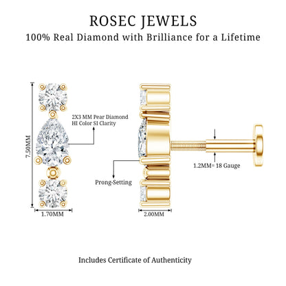 Natural Three Diamond Cartilage Earring with Flat Back