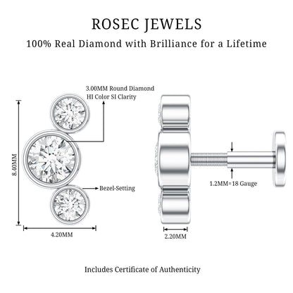 Bezel Set Diamond Three Stone Earring for Helix Piercing