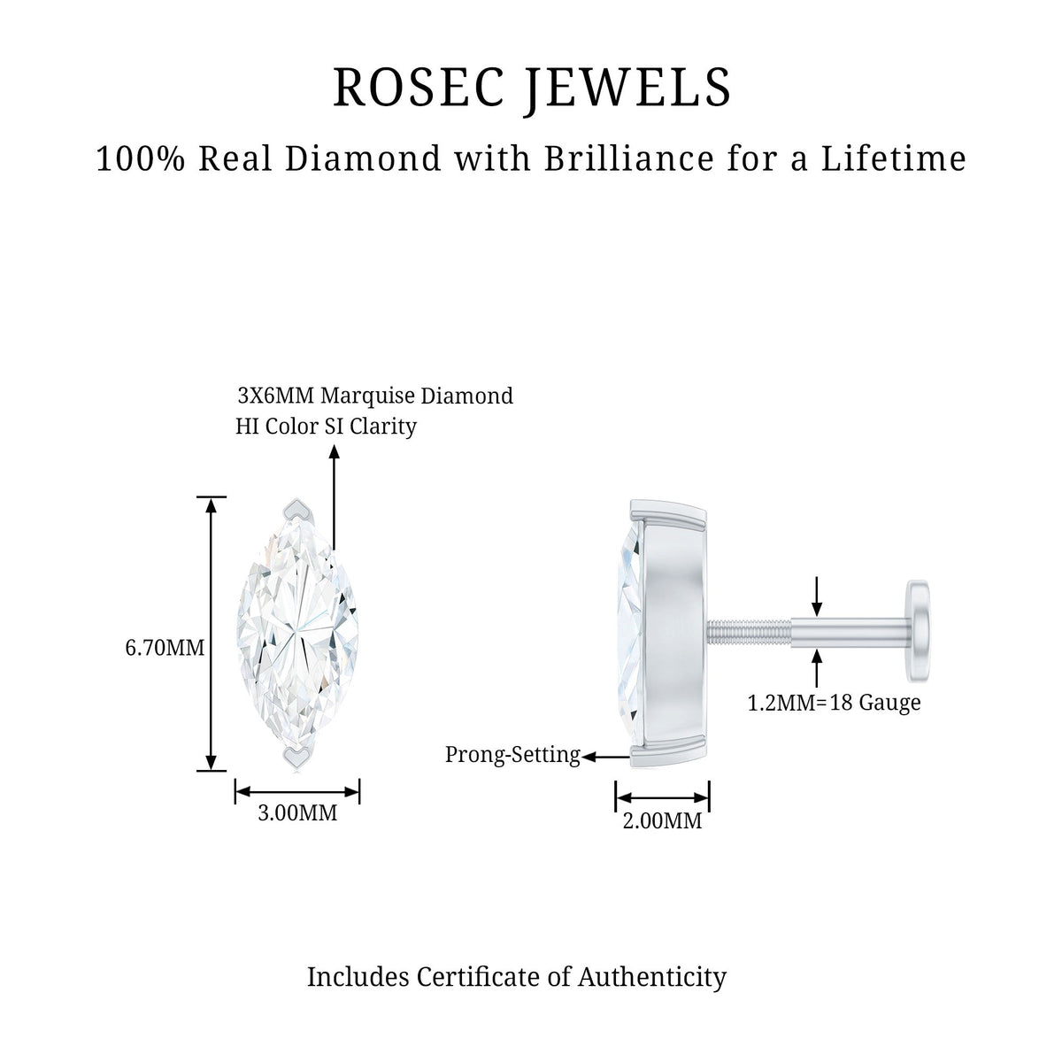 Marquise Diamond Solitaire Earring for Helix Piercing