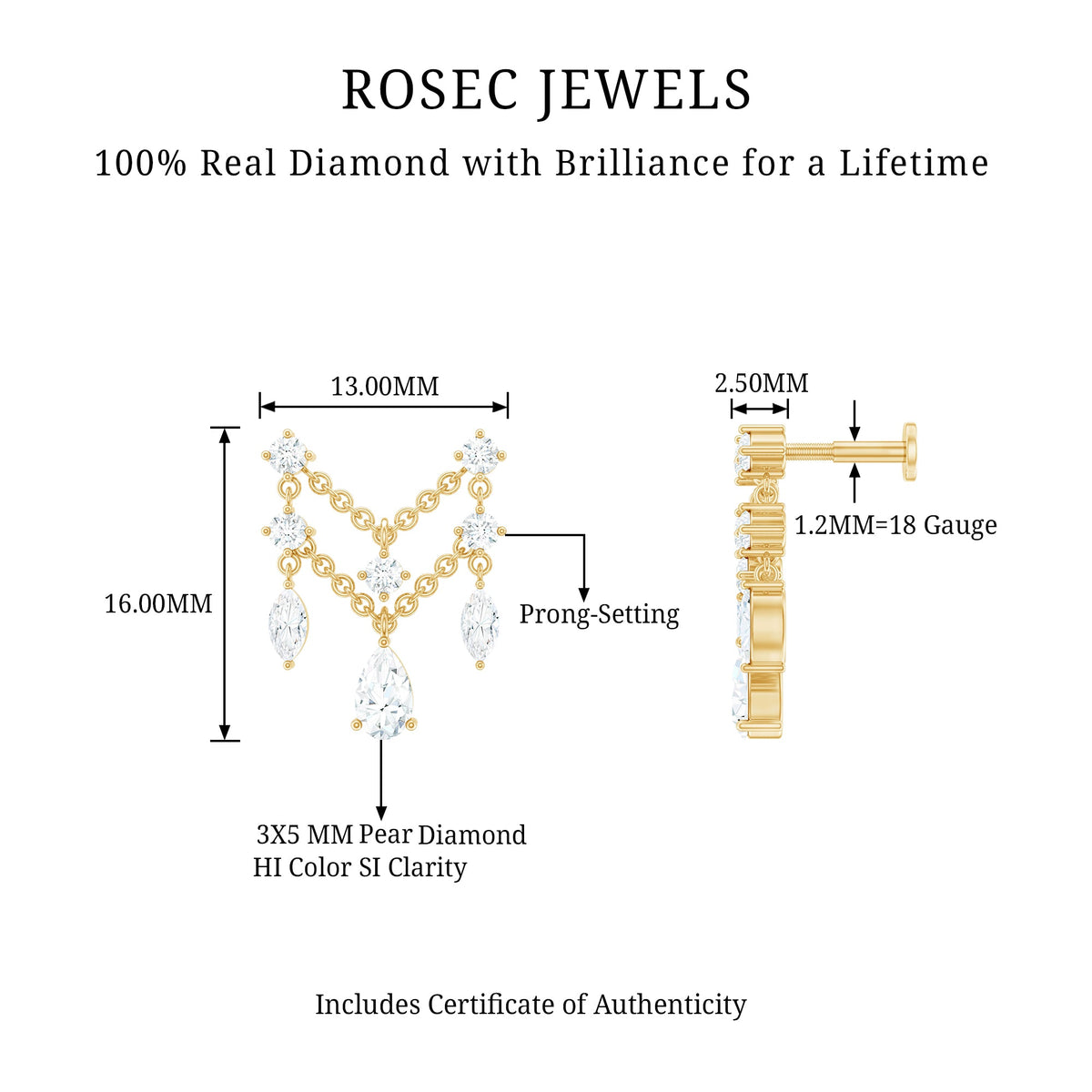 Brilliant Cut Diamond Double Chain Drop Earring for Cartilage Piercing