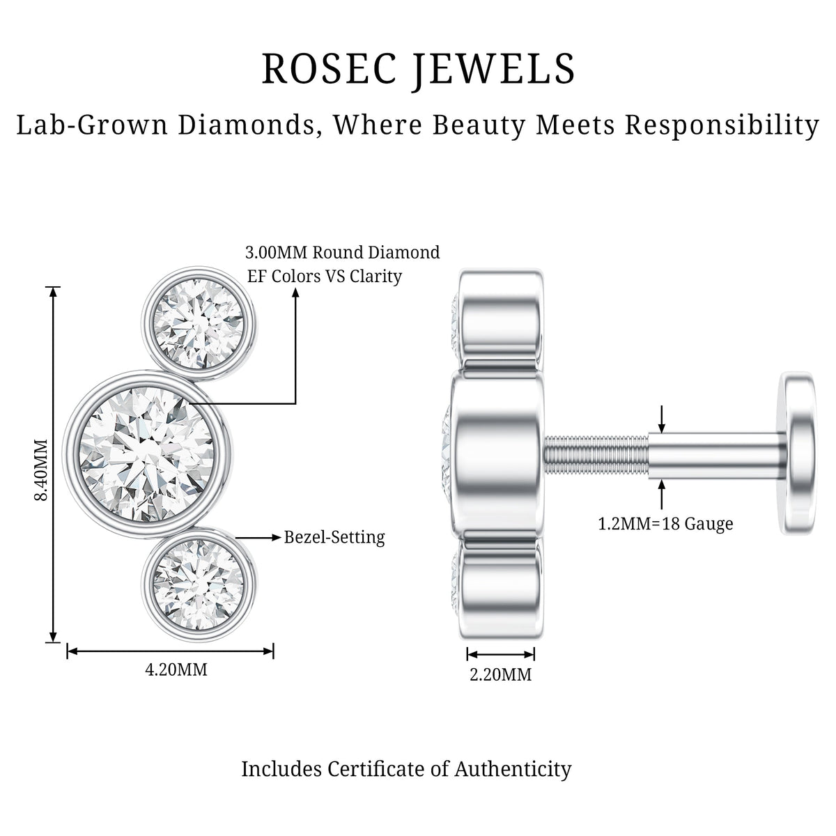 Bezel Set Diamond Three Stone Earring for Helix Piercing