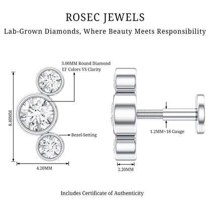 Bezel Set Diamond Three Stone Earring for Helix Piercing