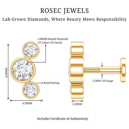 Bezel Set Diamond Three Stone Earring for Helix Piercing