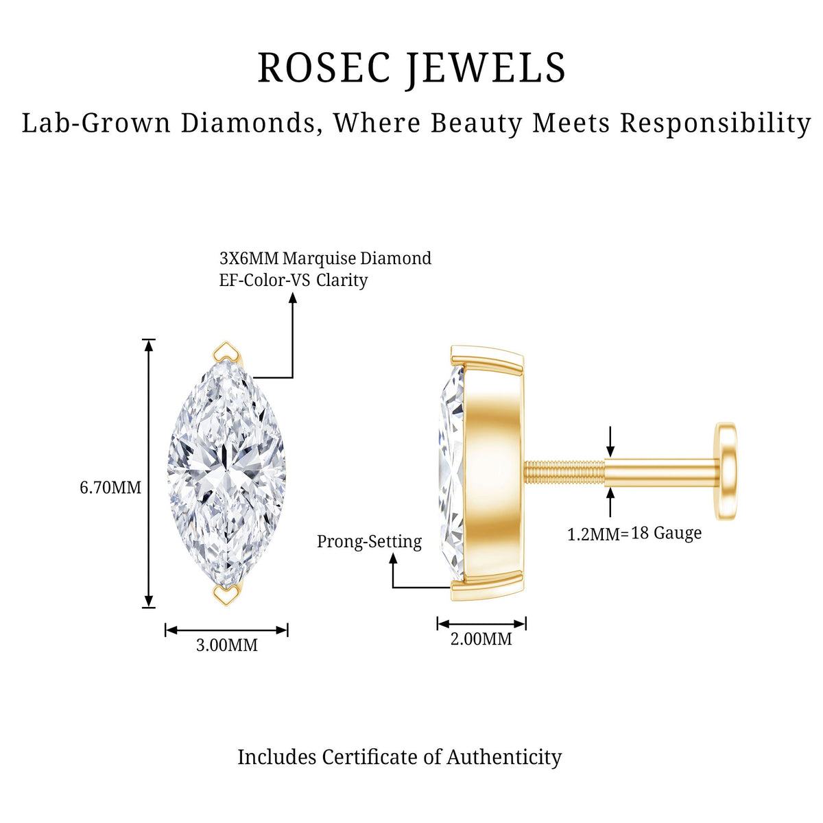 Marquise Diamond Solitaire Earring for Helix Piercing