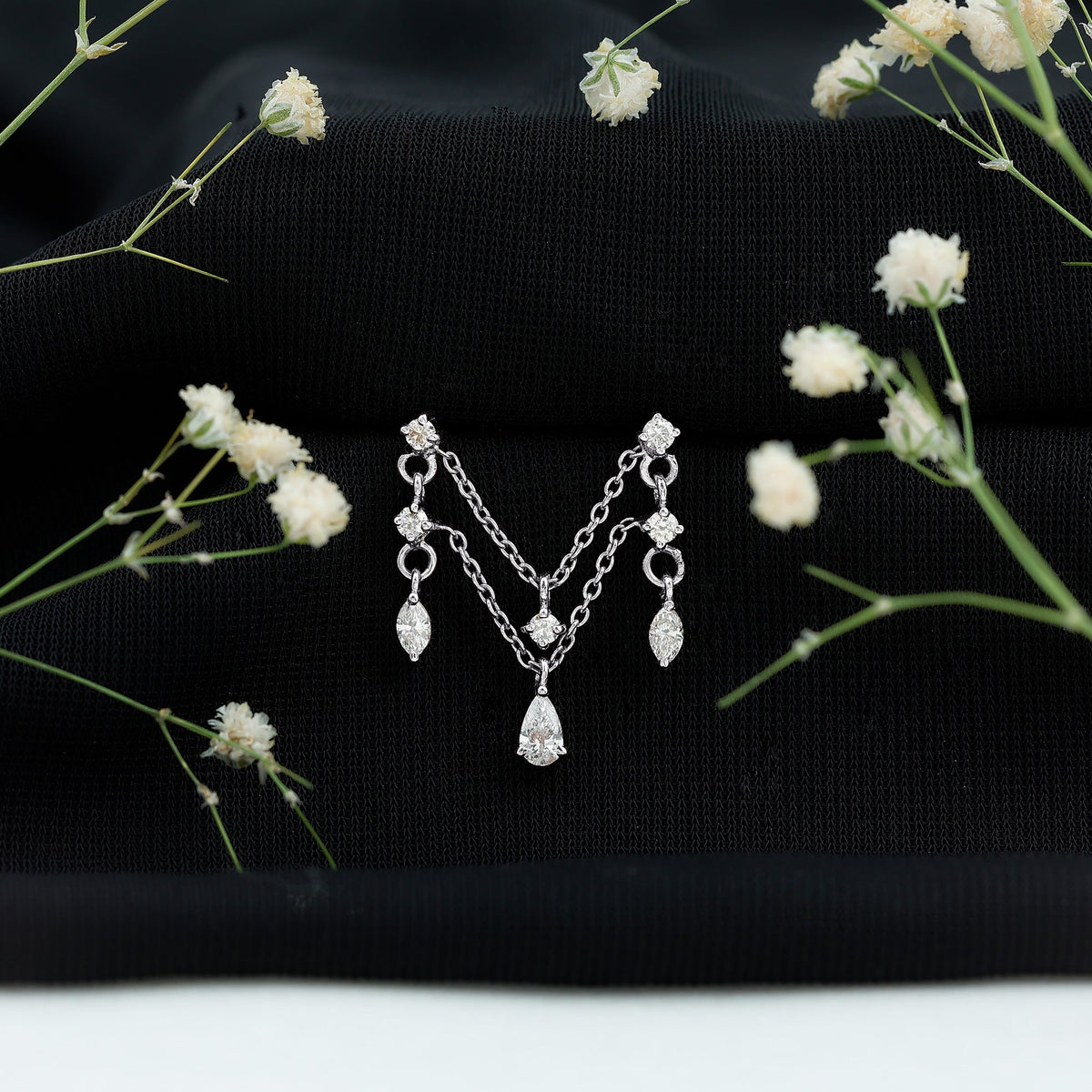 Brilliant Cut Diamond Double Chain Drop Earring for Cartilage Piercing