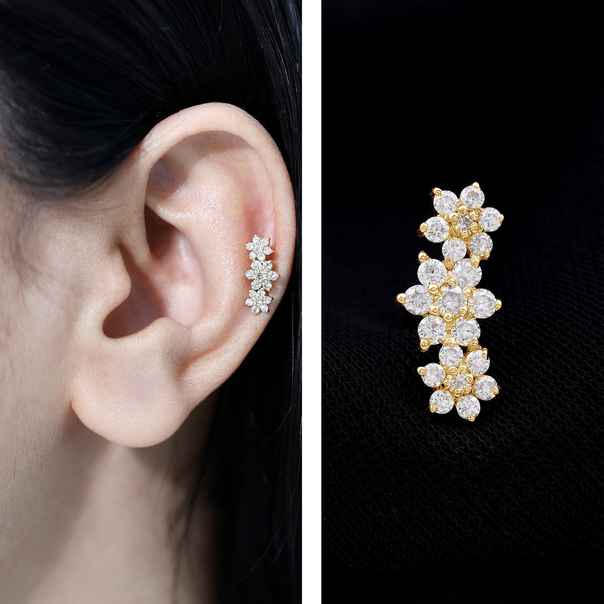 Diamond Three Flower Crawler Earring for Helix Piercing