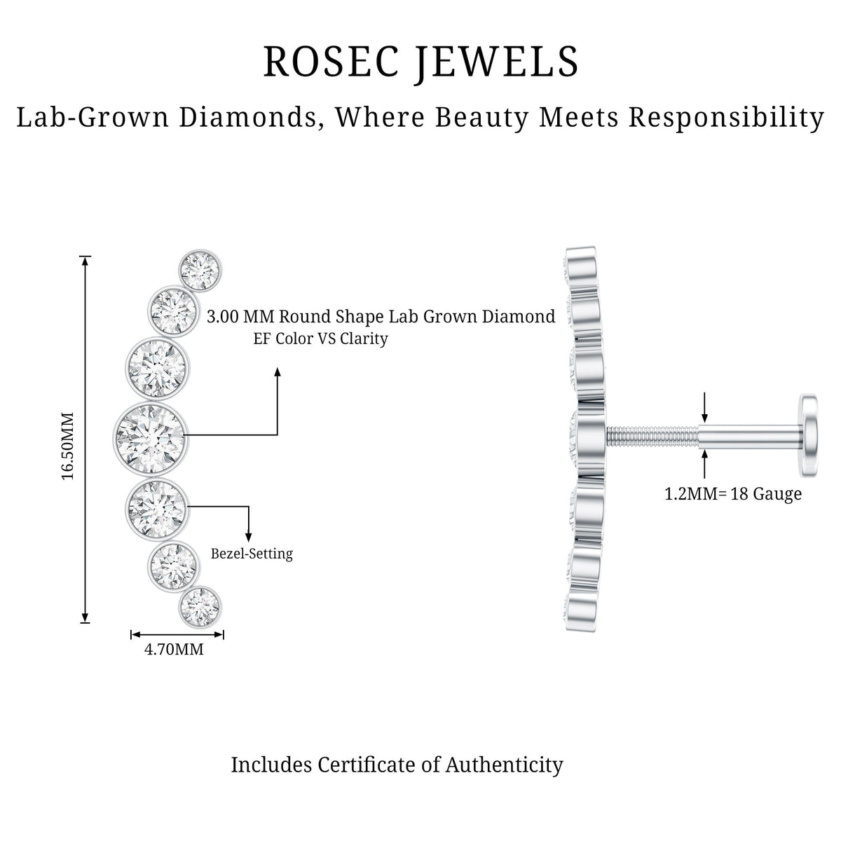 Graduated Diamond Crawler Helix Earring in Bezel Set
