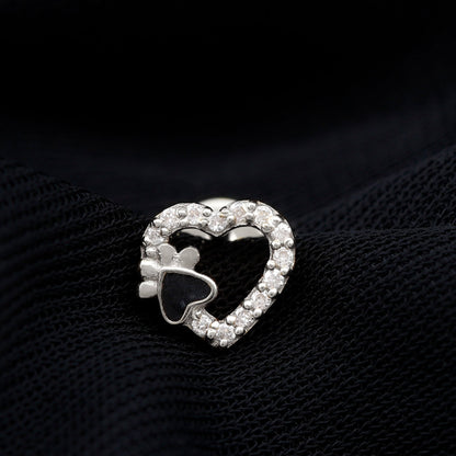 Sparkling Diamond Dog Paw Heart Earring with Black Enamel