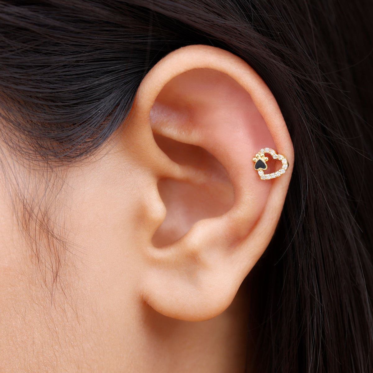 Sparkling Diamond Dog Paw Heart Earring with Black Enamel