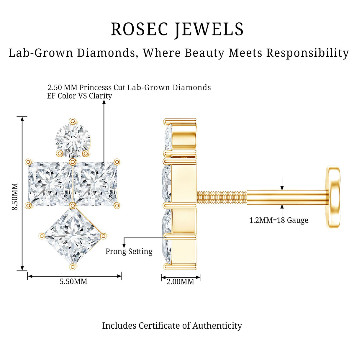 Princess Cut Diamond Helix Piercing Earring for Women