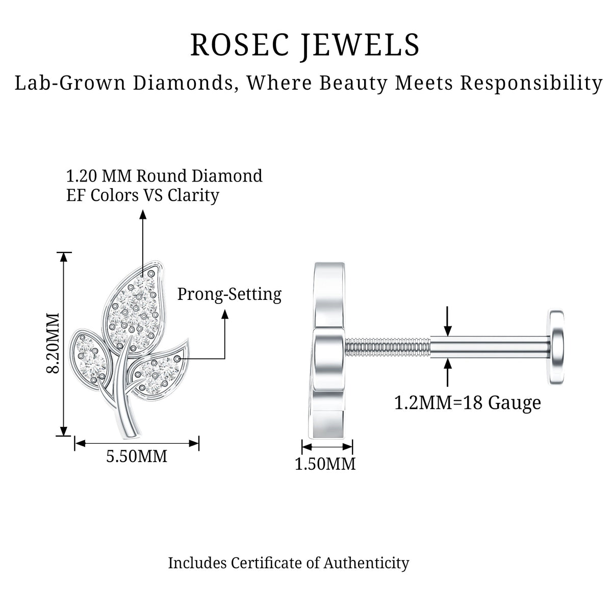 Diamond Leaf Flat Back Cartilage Stud Earring (18G) – Nature Inspired Helix & Tragus Jewelry in Gold