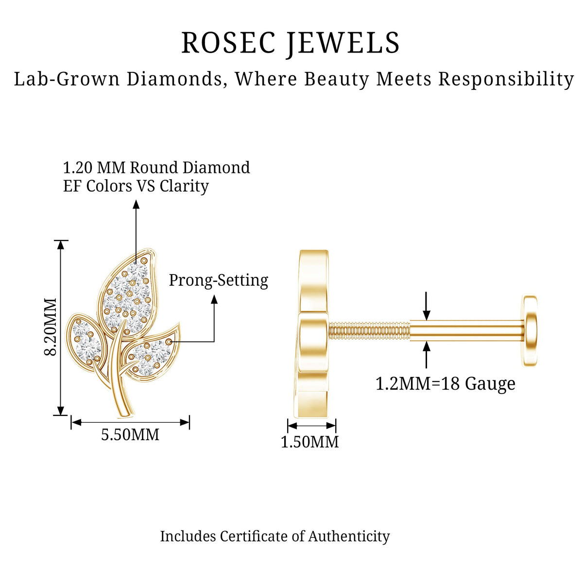 Diamond Leaf Flat Back Cartilage Stud Earring (18G) – Nature Inspired Helix & Tragus Jewelry in Gold