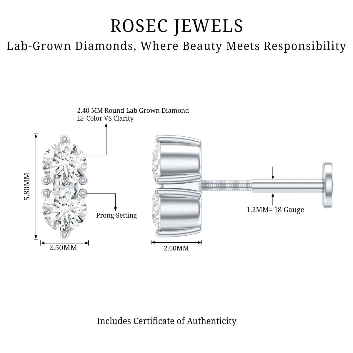 Natural Diamond 2 Stone Earring for Tragus Piercing