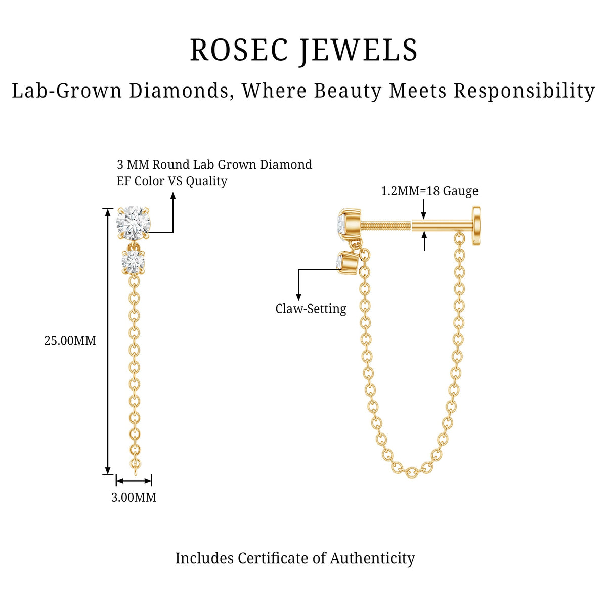 Certified Diamond Chain Drop Earring for Helix Piercing