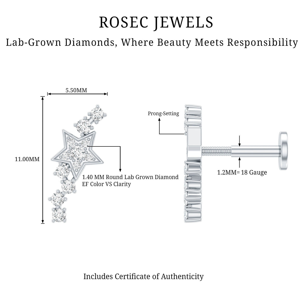 Certified Diamond Star Crawler Earring for Helix Piercing