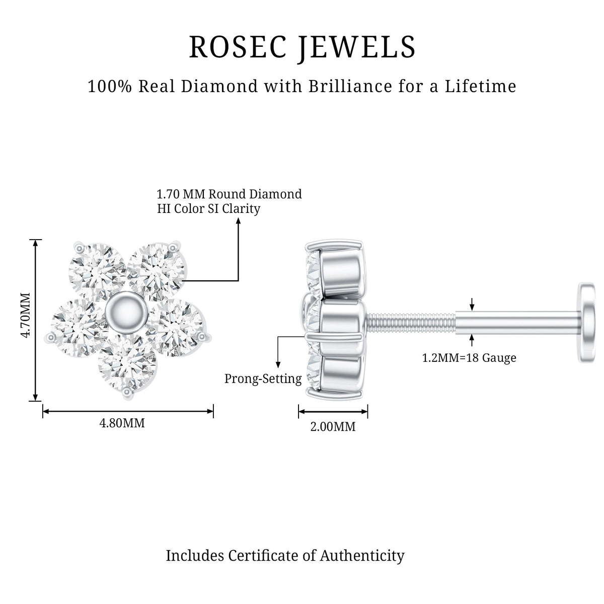 Minimalist Diamond Flower Tragus Earring with Flat Back