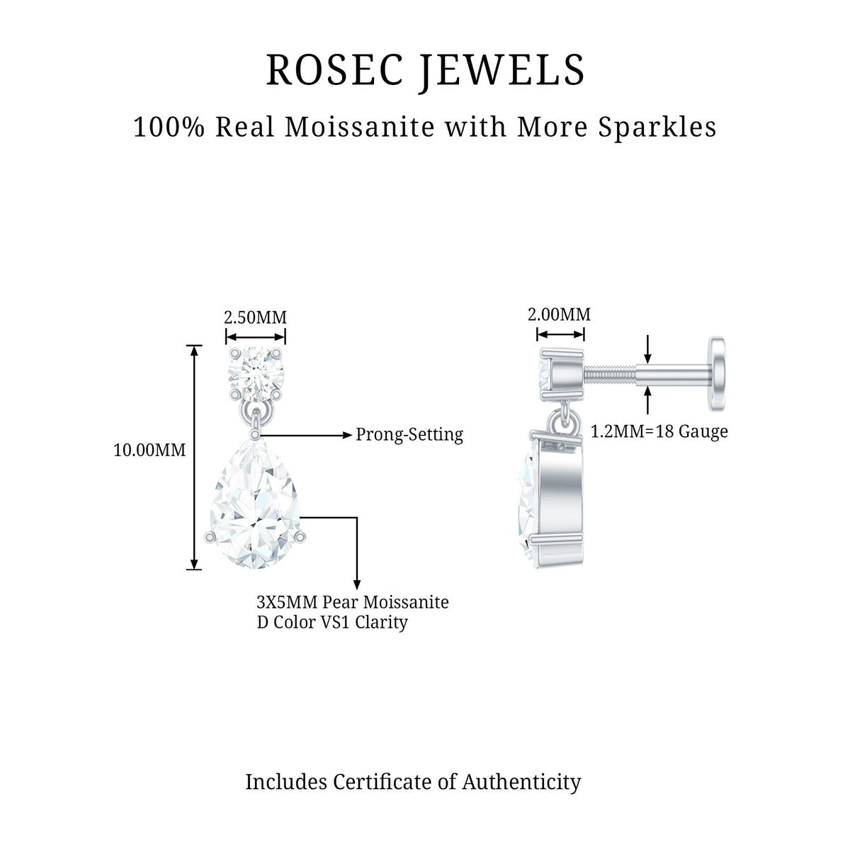 Moissanite Teardrop Earring for Helix Piercing