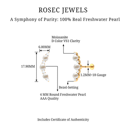 Simple Freshwater Pearl and Moissanite Climber Earring