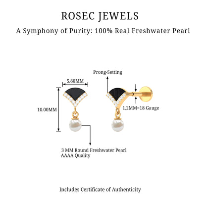 Elegant Diamond and Freshwater Pearl Drop Earring with Black Enamel