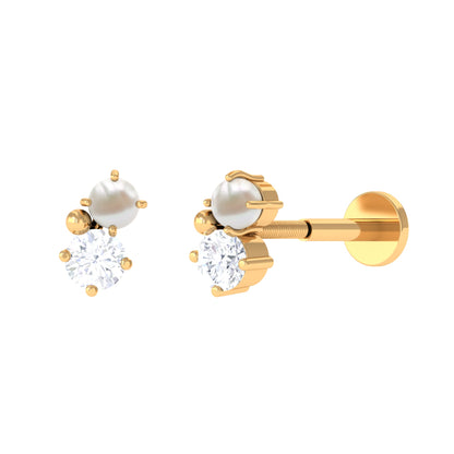 Tiny Freshwater Pearl and Diamond Two Stone Tragus Earring