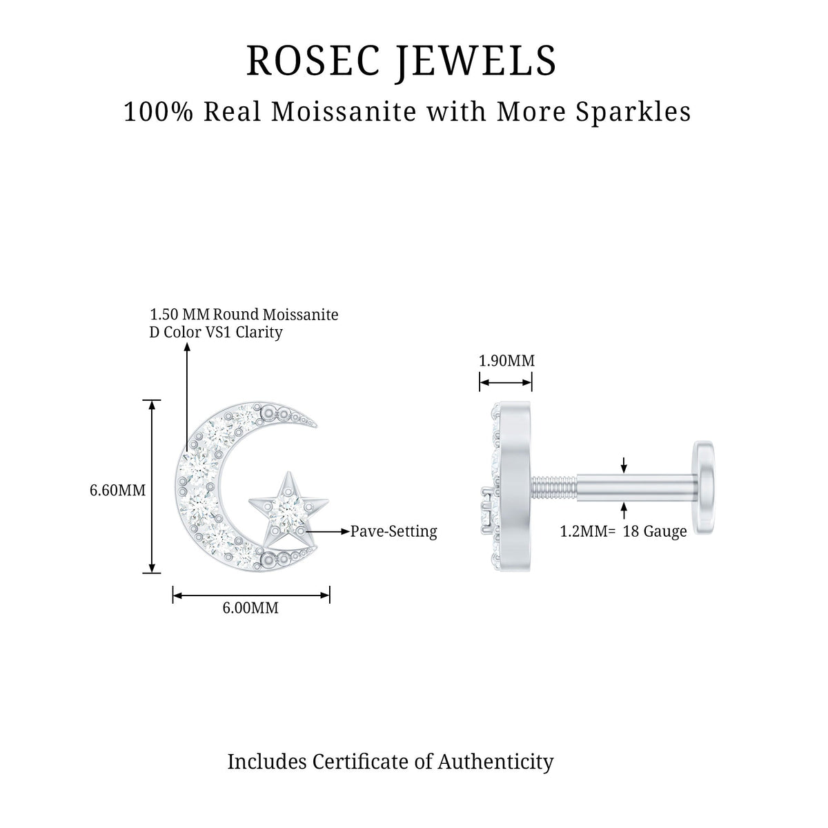 Moissanite Moon and Star Cartilage Earring