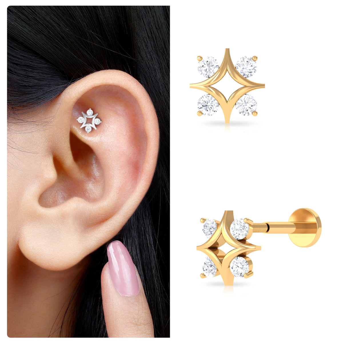Round Cut Diamond Star Earring for Helix Piercing