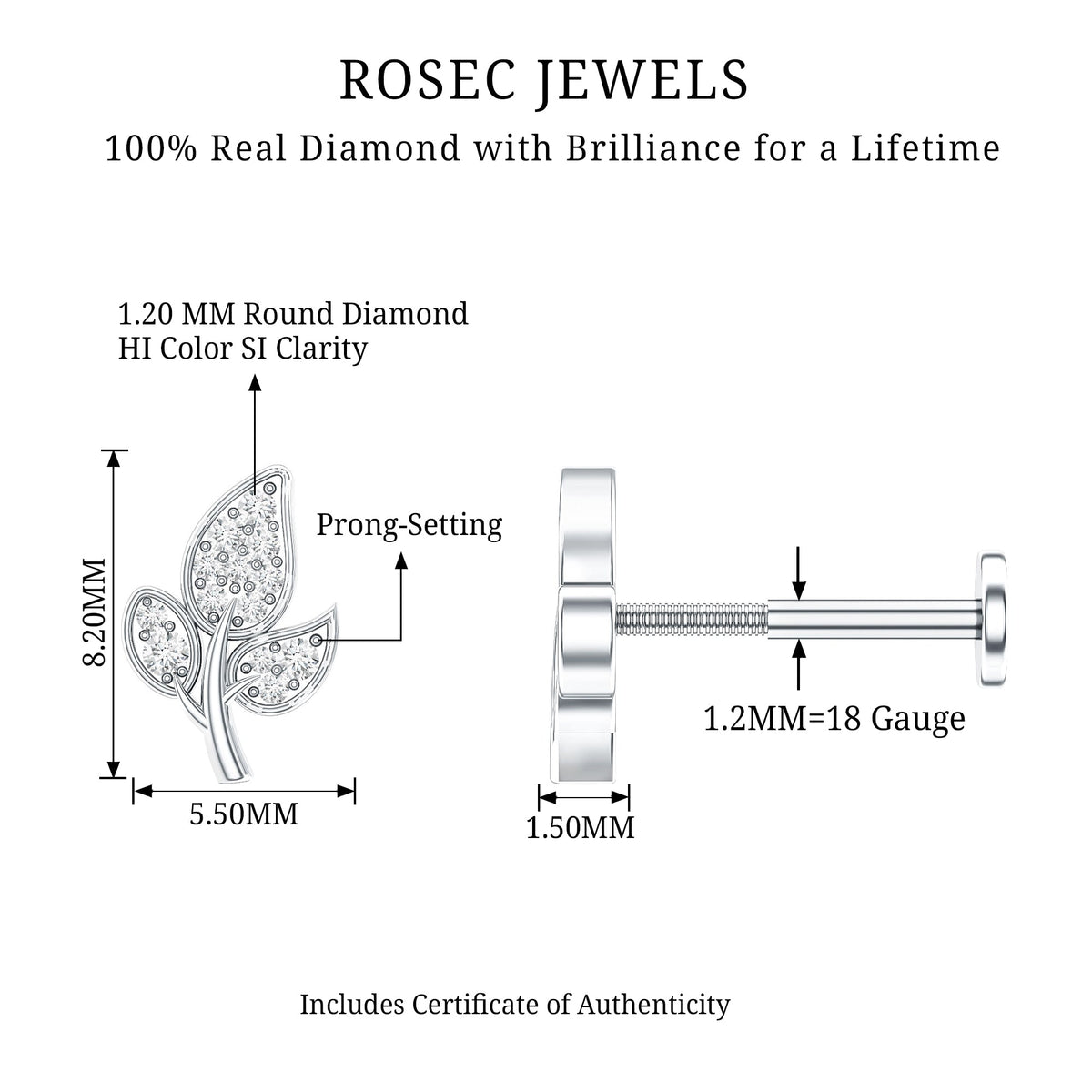 Diamond Leaf Flat Back Cartilage Stud Earring (18G) – Nature Inspired Helix & Tragus Jewelry in Gold