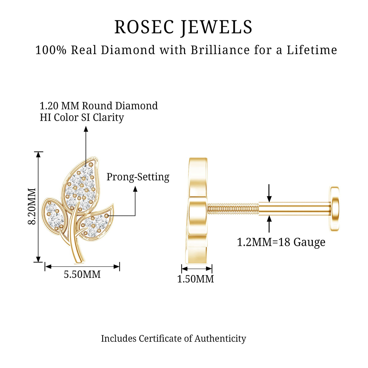 Diamond Leaf Flat Back Cartilage Stud Earring (18G) – Nature Inspired Helix & Tragus Jewelry in Gold