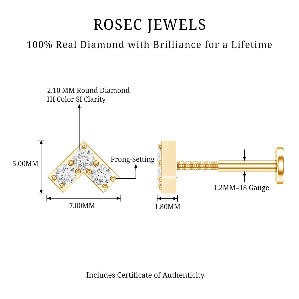 Certified Diamond Chevron V Earring for Tragus Piercing