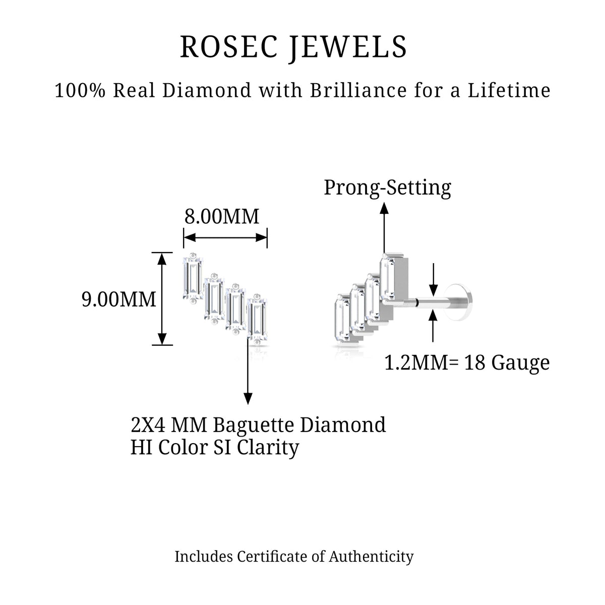 Baguette Diamond Helix Earring with Flat Back