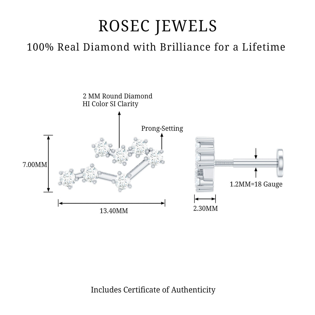 Round Diamond Gemini Zodiac Cartilage Earring