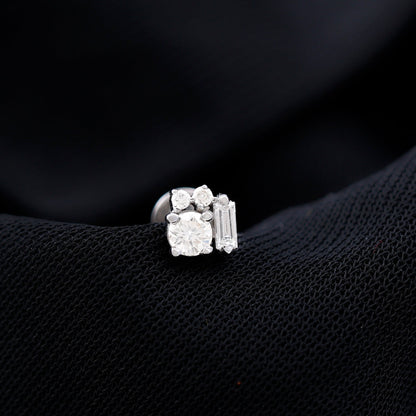 Baguette and Round Moissanite Cluster Tragus Earring