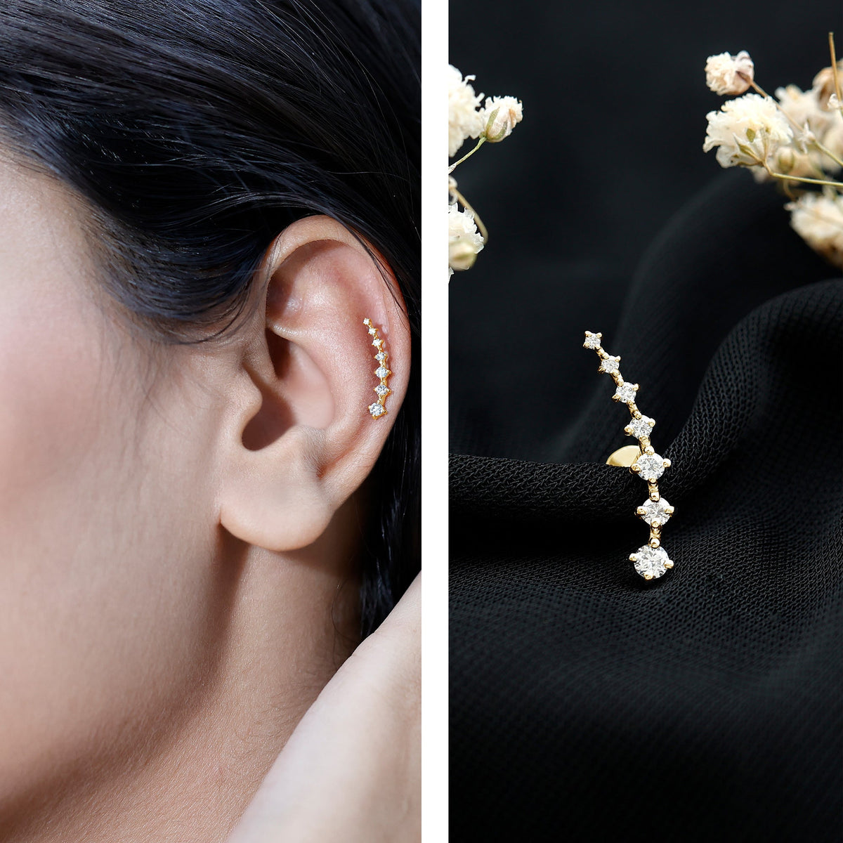 Graduated Style Moissanite Ear Crawler Earring for Helix Piercing
