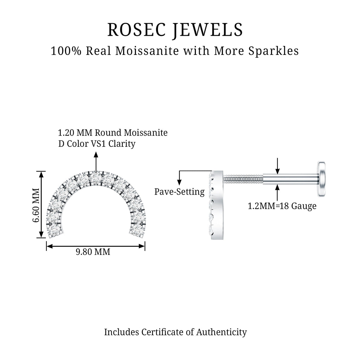 Moissanite Half Circle Earring for Helix Piercing