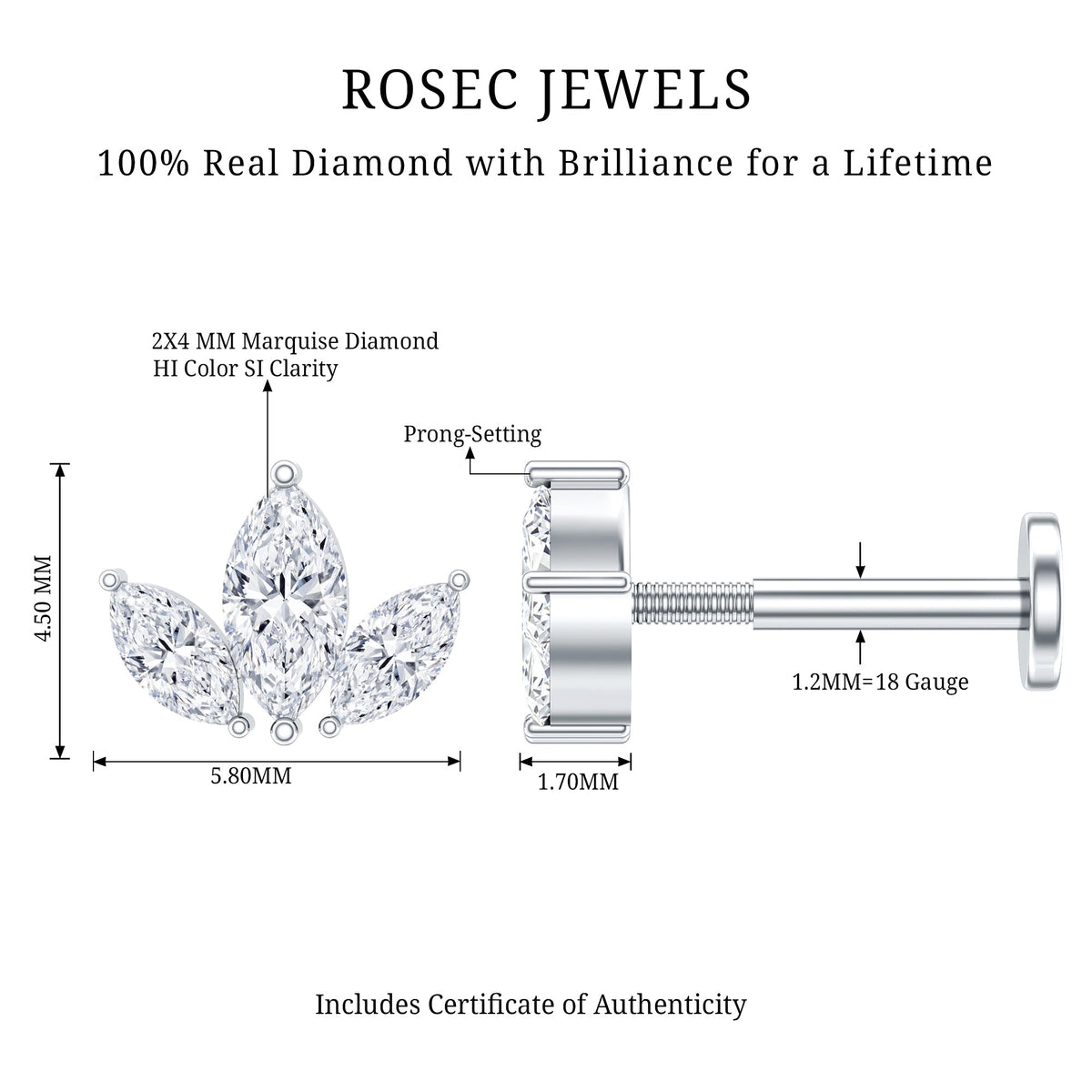 Marquise Cut Diamond Lotus Flower Earring for Helix Piercing