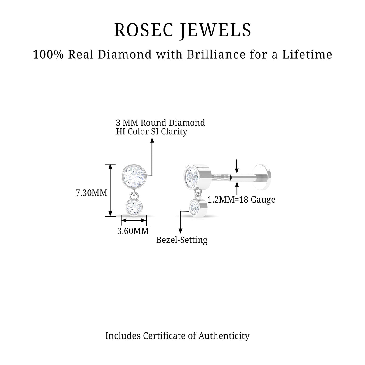 Certified Round Diamond Helix Drop Earring in Bezel Set
