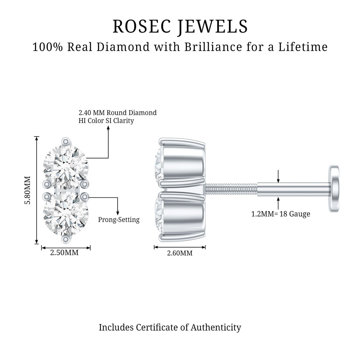 Natural Diamond 2 Stone Earring for Tragus Piercing