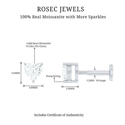 Heart Shape Moissanite Earring for Tragus Piercing