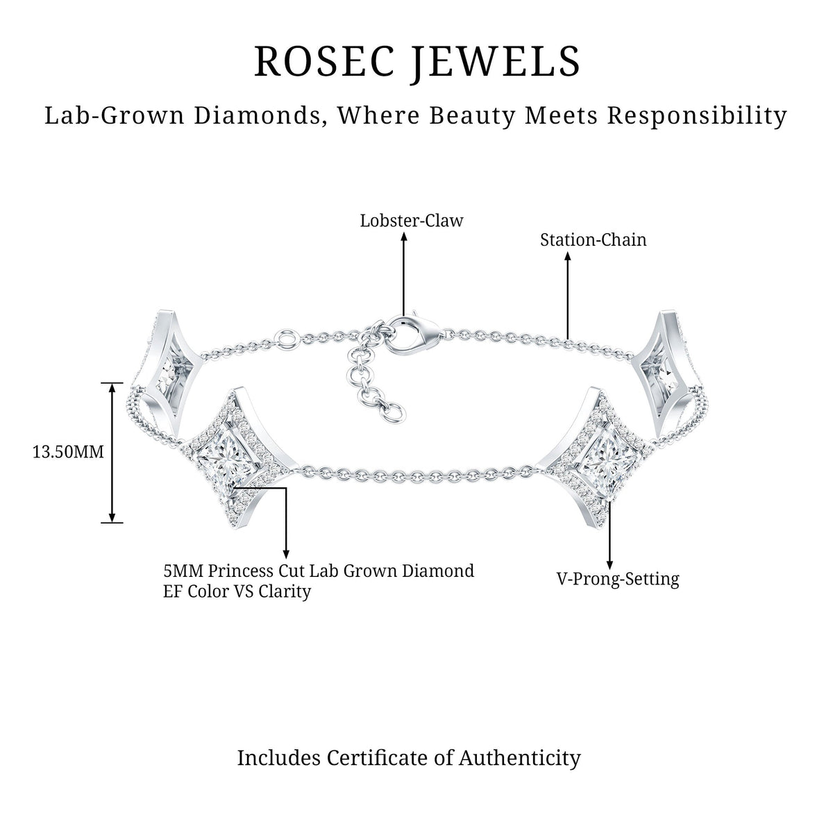 Certified Princess Cut Lab Grown Diamond Bridal Bracelet