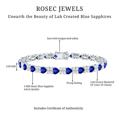 Heart Shape Lab Grown Blue Sapphire and Diamond Tennis Bracelet